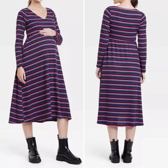 NWT THE NINES by HATCH Long Sleeve Maternity Midi Dress Burgundy Stripes L - Picture 1 of 9